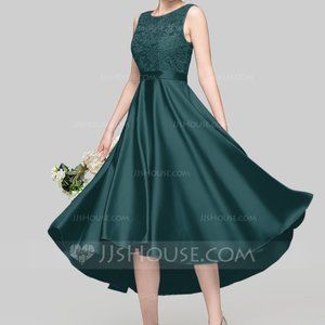 JJ's Houses Peacock A-Line Asymmetrical Satin Dres